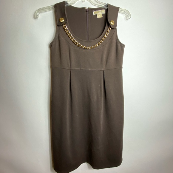 Michael Kors Dress Brown Gold Chain Pleated Size 2 - Picture 1 of 5